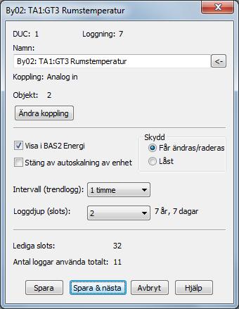 Användarmanual BAS2 styr Sidan 36 Spara för att starta loggningen. Ändrar du avläsningsintervall på en befintlig logg försvinner de gamla värdena.