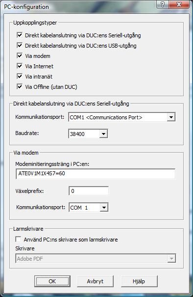 Användarmanual BAS2 styr Sidan 46 PC-konfiguration Under Inställningar PC-konfiguration i menyraden i BAS2-Anläggningslista finns inställningarna för yttre kommunikation bl.a. med DUC:arna.