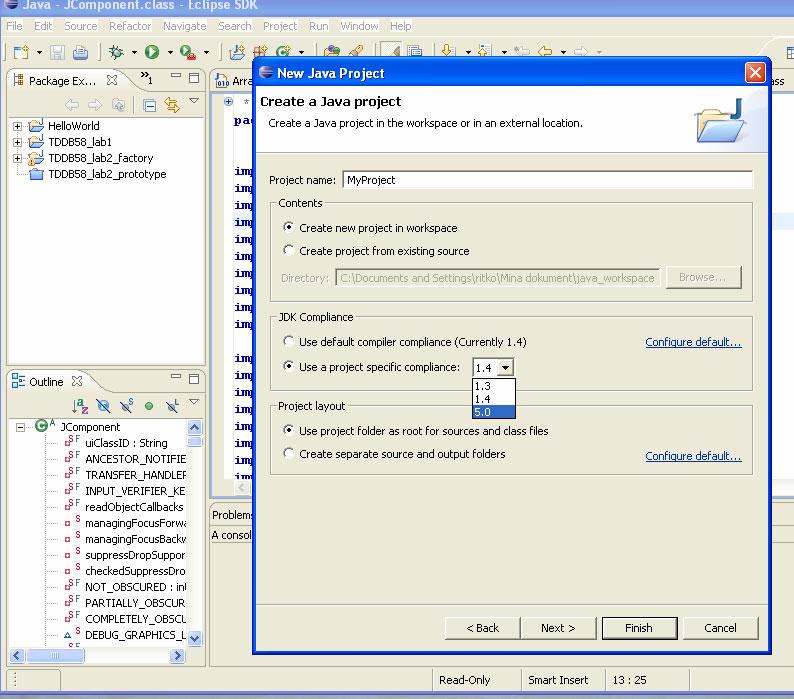 Sätta Java-version i Eclipse Kortkommandon i Eclipse Ctrl-Shift-M Importera rätt paket (markören ska stå på den klass som ska importeras) Ctrl-Shift-/ Kommentera bort dessa rader Ctrl-Shift-/ Ta bort