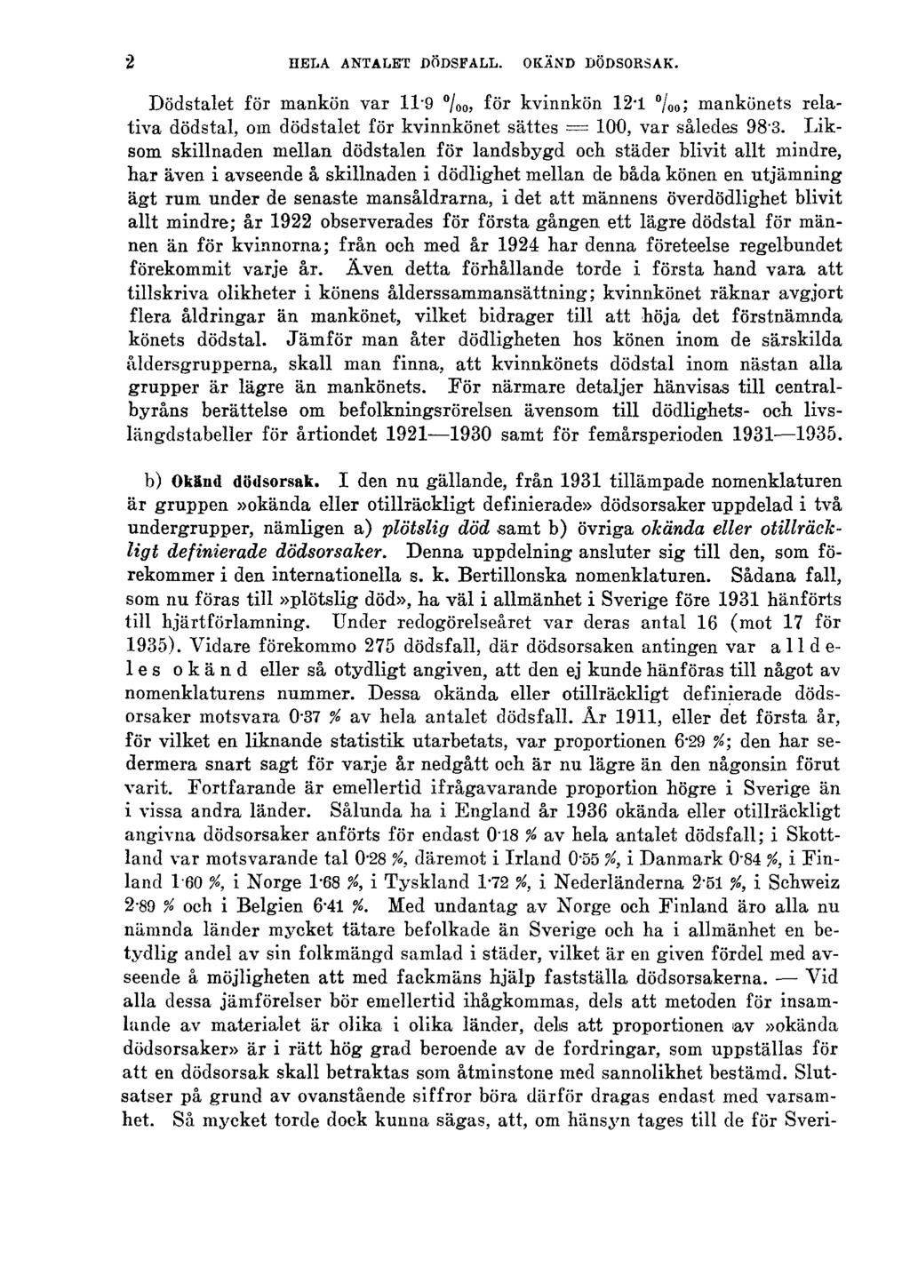 2 HELA ANTALET DÖDSFALL. OKÄND DÖDSORSAK. Dödstalet för mankön var 11.9 %0 för kvinnkön 12-1 /oo; mankönets relativa dödstal, om dödstalet för kvinnkönet sättes = 100, var således 98'3.