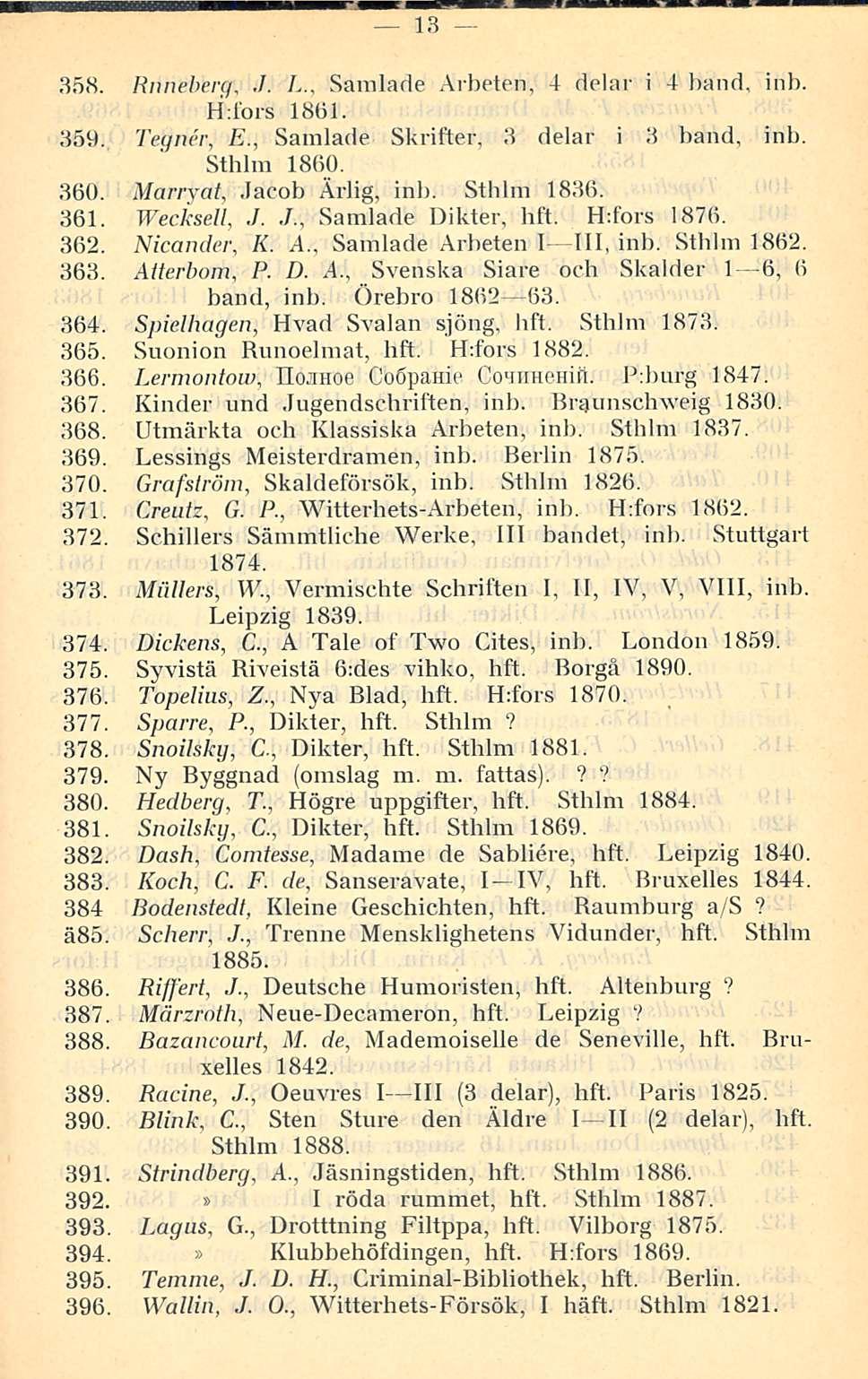 13 358. Runeberg;./. L., Saralade Arheten, 4 delar i 4 hand, inb. H:fors 1861'. 359. Tegner, E., Samlade Skrifter, 3 delar i 3 hand, inb. Sthlm 1860. 360. Marrvat, Jacob Ärlig, inb. Sthlm 1836. 361.