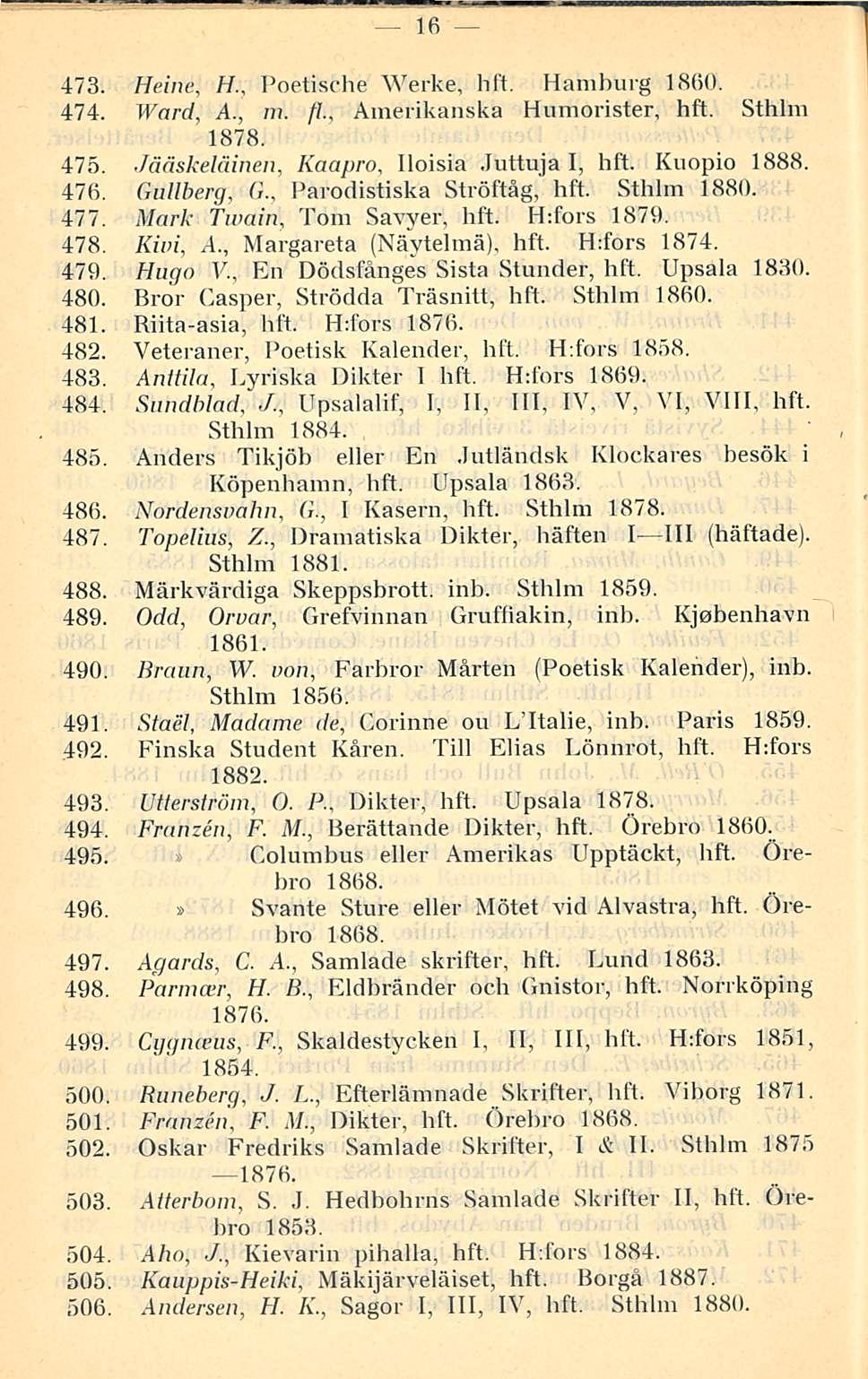 16 473. Heine, H., Poetische Werke, hft. Hamburg 18(50. 474. Ward, A., m. /?., Amerikanska Humorister, hft. Sthlm 1878. 475. Jääskeläinen, Kaapro, Iloisia Juttuja I, hft. Kuopio 1888. 476.