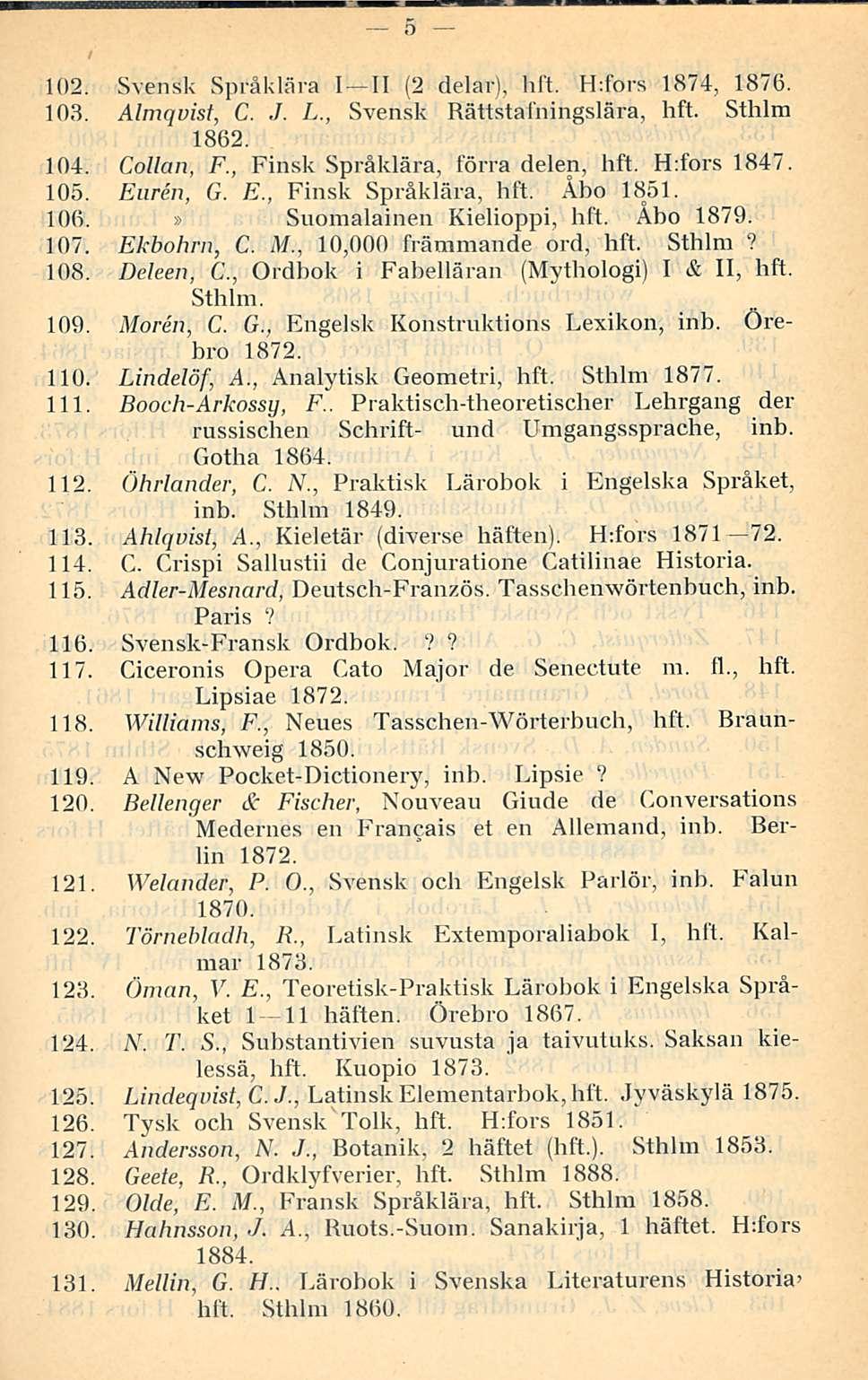 5 102. Svensk Språklära I II (2 delar), hft. H:fors 1874, 1876. 103. Almqvist, C. J. L., Svensk Rättstafningslära, hft. Sthlm 1862. 104. Collan, F., Finsk Språklära, förra delen, hft. Hrfors 1847.