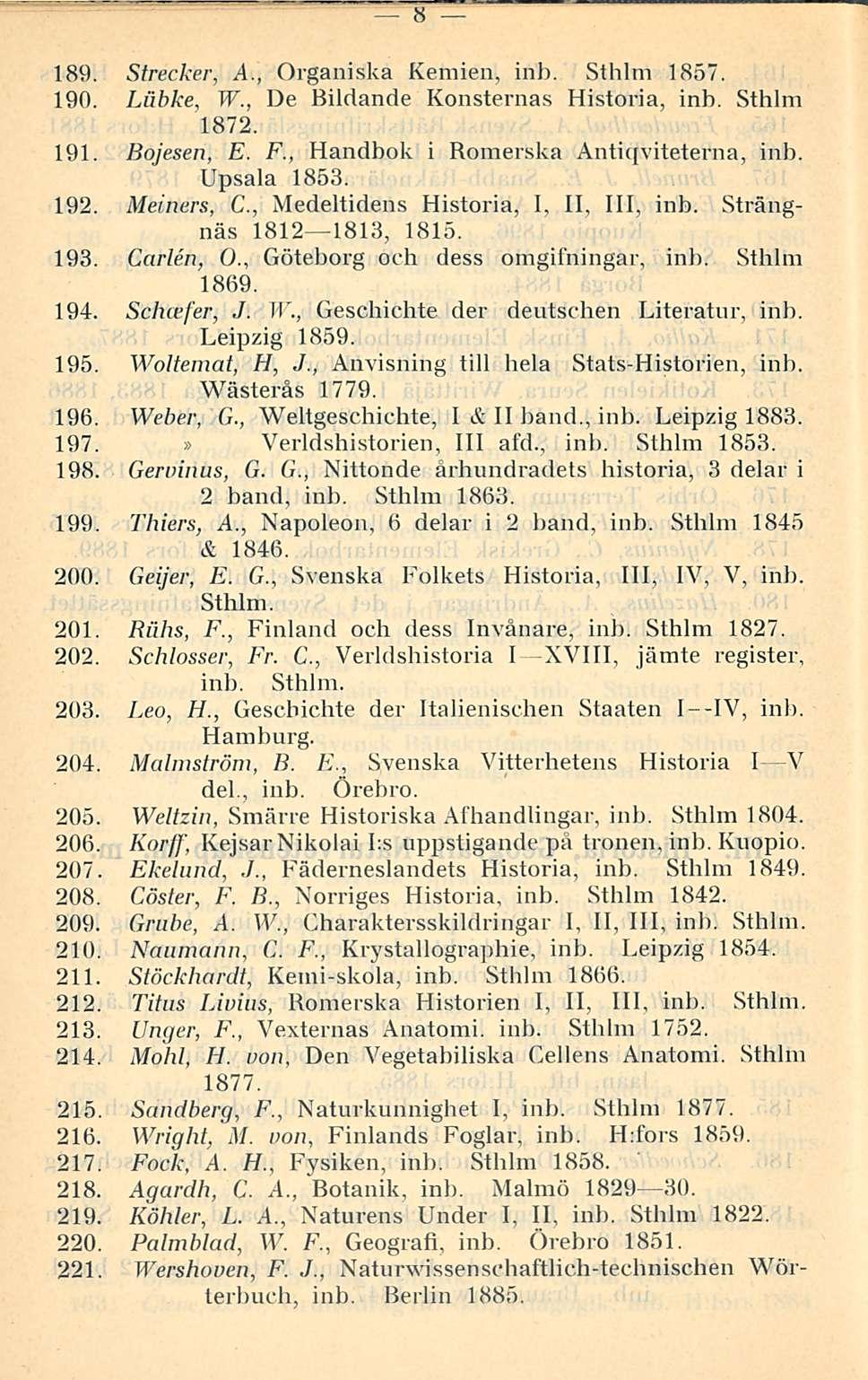 8 189. Strecker, A., Organiska Kemien, inb. Sthlm 1857. 190. Liibke, W., De Bildande Konsternas Historia, inb. Sthlm 1872. 191. Bojesen, E. F., Handbok i Romerska Antiqviteterna, inb. Upsala 1853.