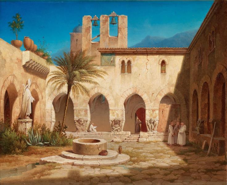 Gustaf Wilhelm Palm Vue af klostergården i Palermo, 1861, utlottad samma år.