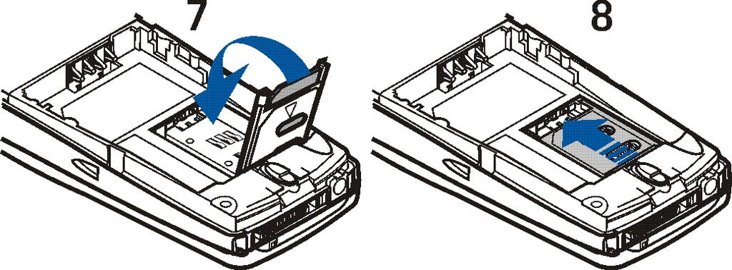5. Stäng SIM-korthållaren (7) och skjut den framåt för att låsa