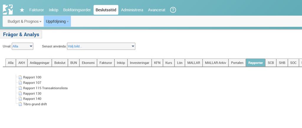 Lathund till uppföljningsrapporter i Frågor & Analys i Raindance Öppna Raindance och logga in Välj Beslutsstöd Öppna Uppföljning och markera Frågor & Analys Välj Flik Rapporter för analys av