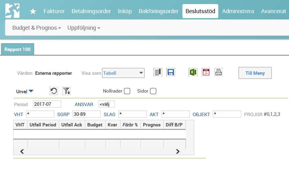 Rapport 100 Ansvar verksamhet Gör dina urval genom att välja period och de koddelar du vill