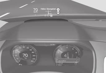 Kartnavigering* i head-up-display* Sensus Navigation presenteras och manövreras på flera sätt, t.ex. via head-up-displayen. Kartnavigering på vindrutan.