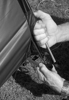 The pole sleeves have only one opening. In strong wind you can kneel on the tent to keep it on the ground. Place the end of the pole into the plastic cup of the pole tensioner.