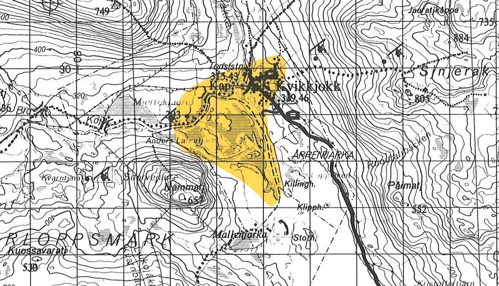 Norr om vägen ca 1 km väster om Årrenjarka ligger ett område, Kvikkjokk Kabla urskog, som både är naturreservat (skyddat enligt MB 7:4) och Natura 2000 område. Figur 14.