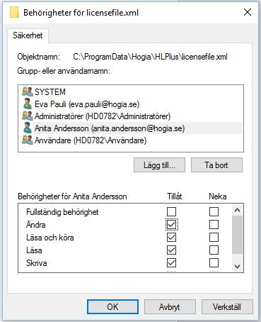 Bocka för Ändra, Läsa och köra, Läsa och Skriva i kolumnen Tillåt vilket räcker för den normala användaren.