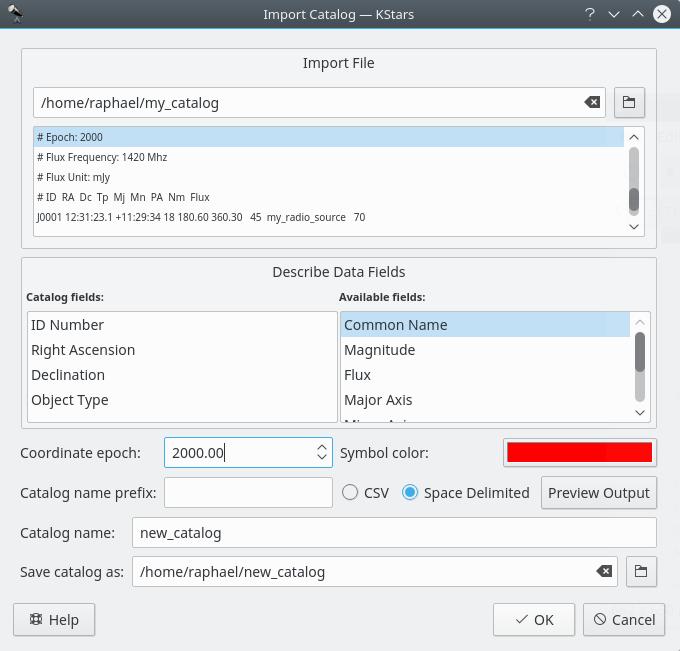 ASCII-katalogdatafil i KStars, klicka på Importera katalog och följ instruktionerna. För att importera en egen katalog som redan har KStars-katalogformat, klicka på knappen Ladda katalog.