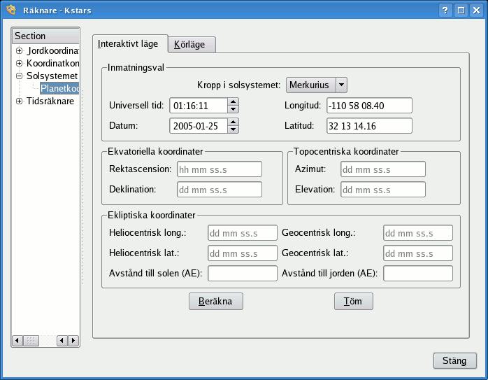 5.2.7 Modulen Planetkoordinater Modulen Planetkoordinater beräknar positionsdata för alla större kroppar i solsystemet, för vilken tid och datum som helst och för vilken geografisk plats som helst.