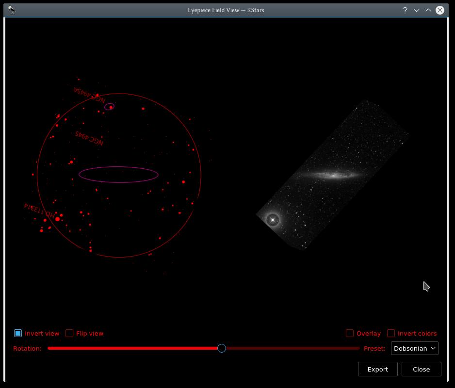 5.4 Simulera okularets synfält På vänster sida är himmelskartan tagen från KStars. På höger sida är POSS (DSS) bilden av samma område.