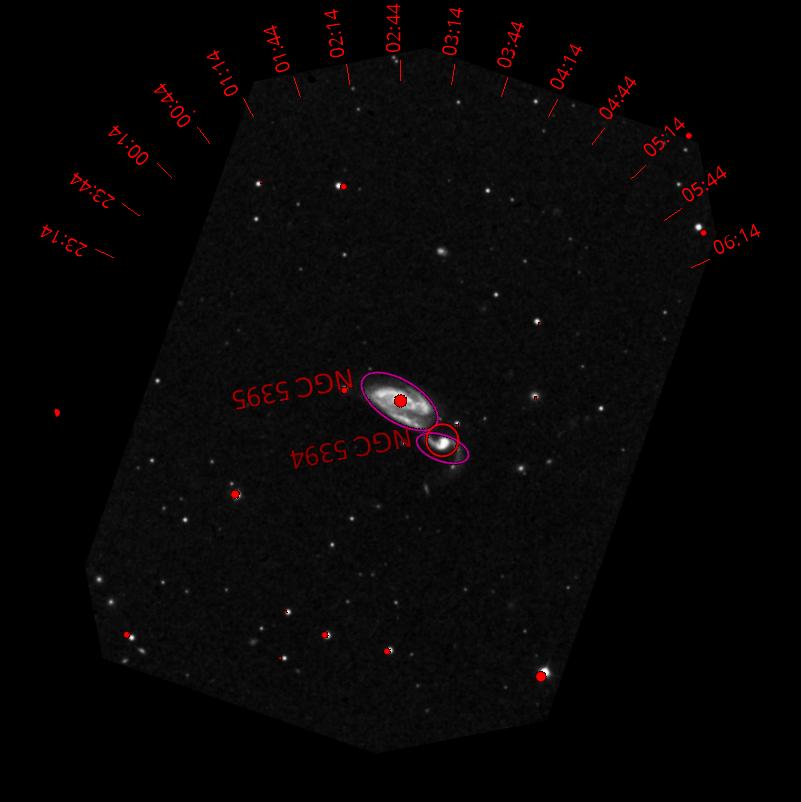 Synfält för okularet Arp84 med tick aktiverade som indikerar hur diagrammet måste orienteras för att motsvara okularets synfält med ett Dobsonteleskop vid en given tid (genererad data är platsen för