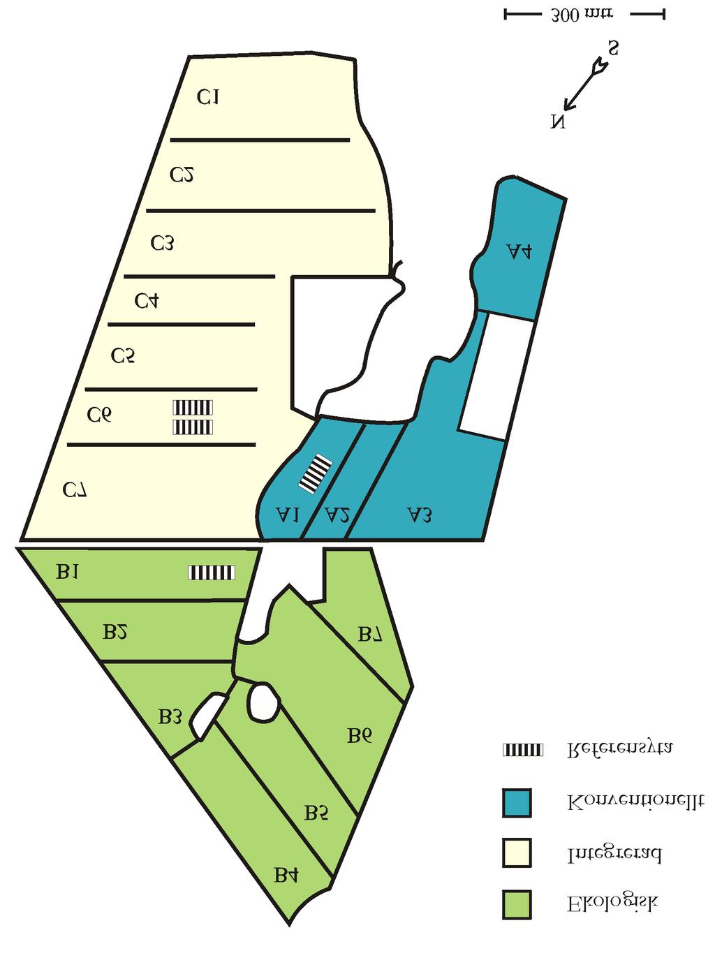 Material och metoder Bakgrund om Logården Figur 1 visar en karta över Logården och indelningen i de tre olika odlingssystemen: konventionell (A), ekologisk (B) och integrerad (C) odling.