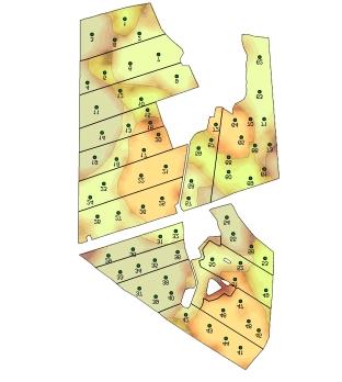 Ekologisk Integrerad Konventionell Figur 2. Zonindelning, representerad av de olika färgerna i figuren, gjord på basis av mätningar av markens elektriska konduktivitet, topografi och fosforinnehåll.