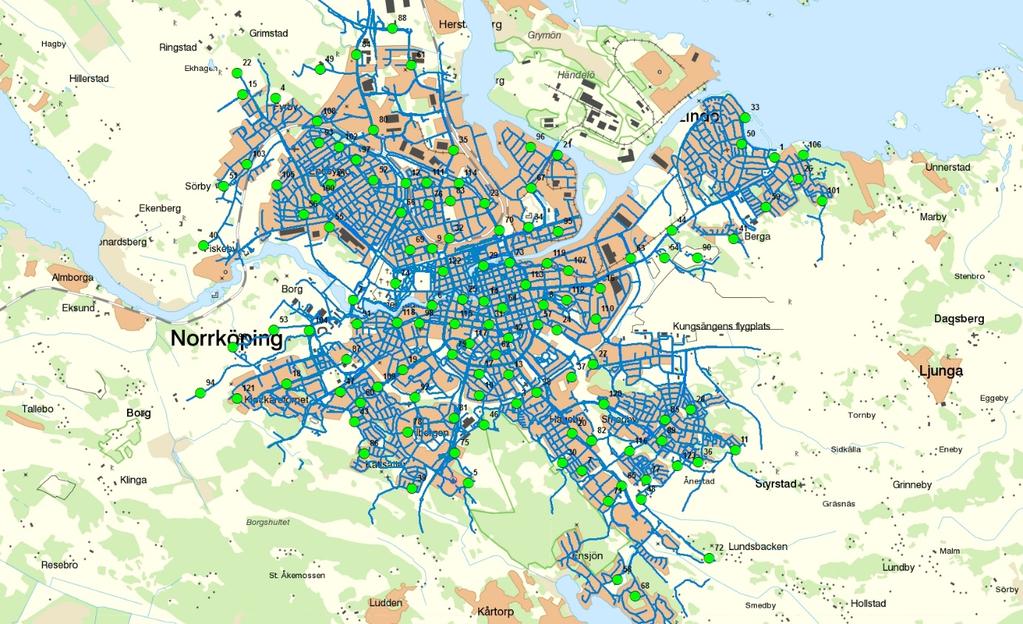 I det andra testet utvidgades undersökningsområdet till hela kommunen, samtidigt som vägar med hastighetsbegränsning över 50 km/h uteslöts. 56 Då blev cykelvägnätet 907 kilometer.