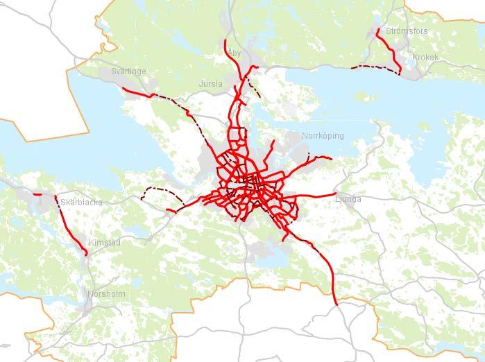 Figur B6.5. Som jämförelse visas här Norrköpings kommuns rekommenderade cykelvägnät (motsvarande Cykelpaketet i NVDB). Källa: http://kartor.norrkoping.se/cbkort?