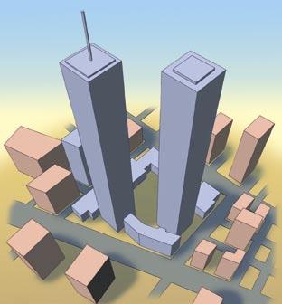 Bild 3. World Trade Center bestod av sju byggnader. Inte bara dessa utan även byggnader runt omkring fick allvarliga skador.