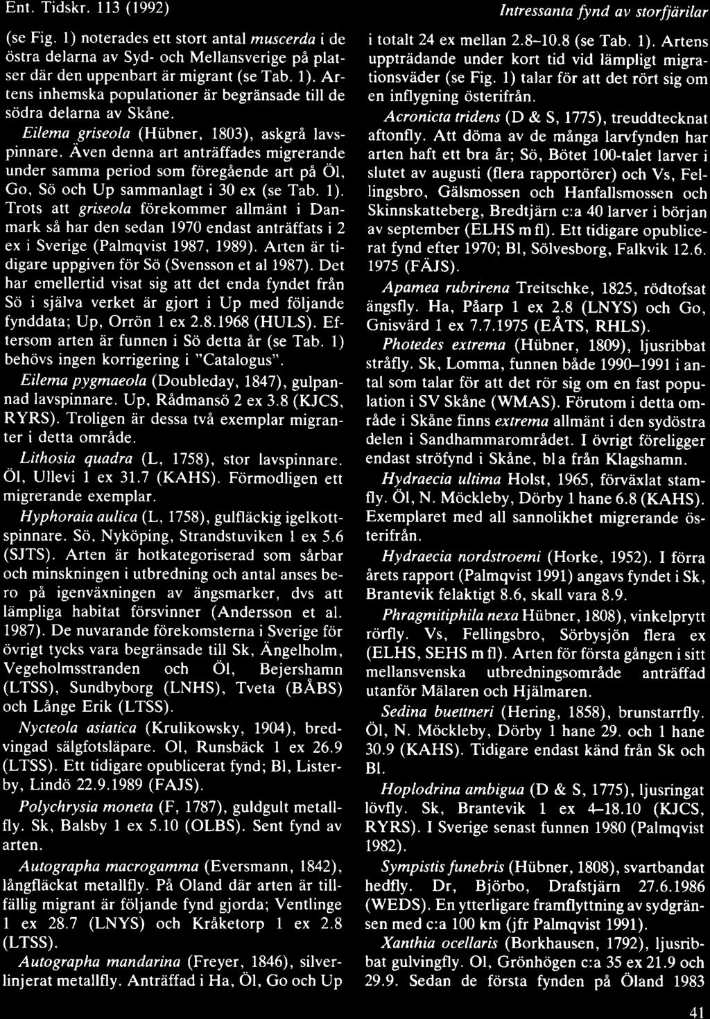 Ent. Tidskr. ll3 (99) (se Fig. l) noterades ett stort antal muscerda i de cistra delarna av Syd- och Mellansverige pa platser ddr den uppenbart dr migrant (se Tab. ).