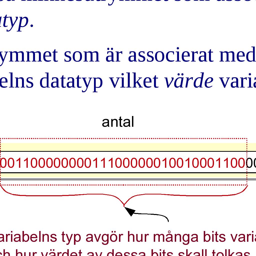 Deklarationer av variabler Deklarationerna int antal; double vikt, produktpris; antal? vikt? produktpris? innebär att tre variabler skapas.