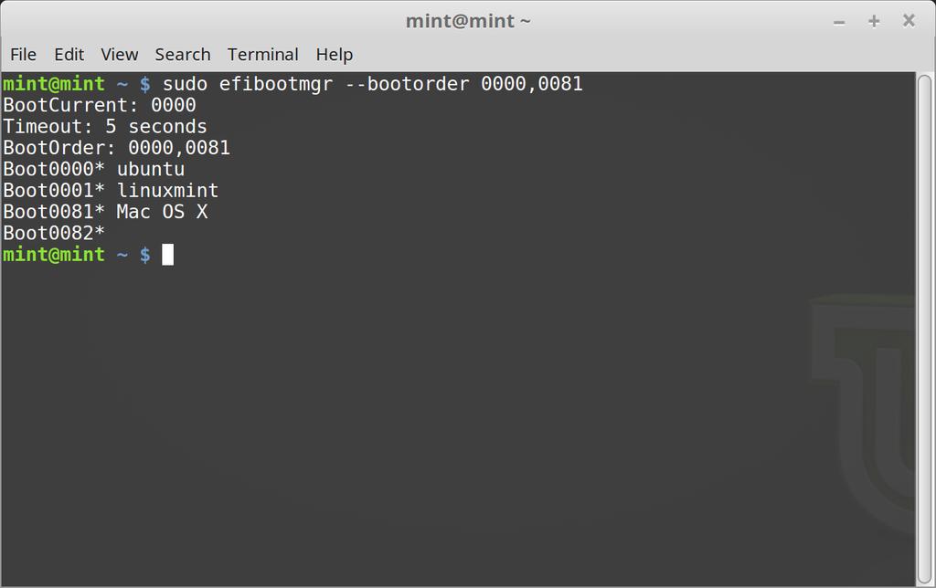 I ovanstående skärmbild instruerar kommandot sudo efibootmgr --bootorder 0000,0081 datorn att första hand försöka starta Linux Mint (här med EFI-namnet ubuntu) och i andra hand Mac OS.. 5.