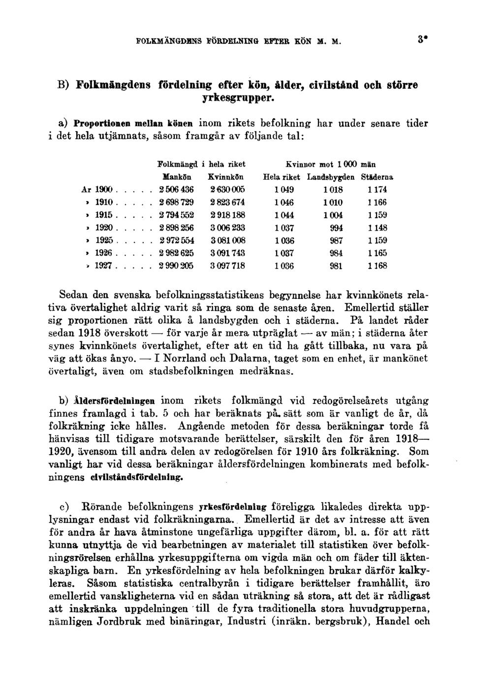 FOLKMÄNGDENS FÖRDELNING EFTER KÖN M. M. 3* B) Folkmängdens fördelning efter kön, ålder, civilstånd och större yrkesgrupper.