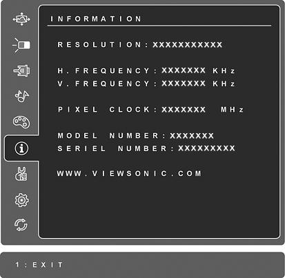 Kontroll Beskrivning Information visar synkroniseringsläget (videosignalingång) som kommer från datorns grafikkort, LCD-modellnumret, serienumret och ViewSonic URLadress på Internet.