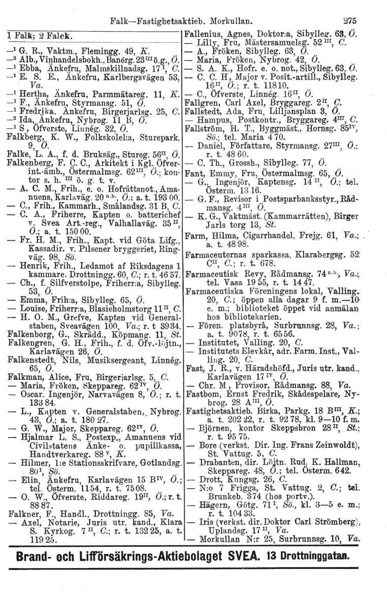 FalkFastighetsaktieb. Morkullan. 275 1 Falk; 2 Falck.. Fallenius, Lilly, Agnes, Doktora, Sibyllee. 63, O. Fru, Mästersamuelsg. 52 III, C. _1 G. R., Vaktm., Flemingg. 49, K. A., Fröken, Sibylleg.