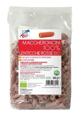 Pasta Ekologiska Mini-Makaroner av Rödalinser FSC1MACLERO 250g Mjöl av röda linser*, vatten Energi 1472/348 kj/kcal Protein 27g, Kolhydrater 53g varav socker 1,9g Fett 1,8g mättat 0,4g Fiber 5,7g