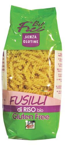 FSC1RIFUS Ekologisk ris fusilli Glutenfri RISMJÖL* Energi 1492/352 kj/kcal Protein 9g Kolhydrater 74,8g varav socker 0,9g Fett 1,3g mättat 0,5g Fiber 2,4g Ekologisk Risfusilli.