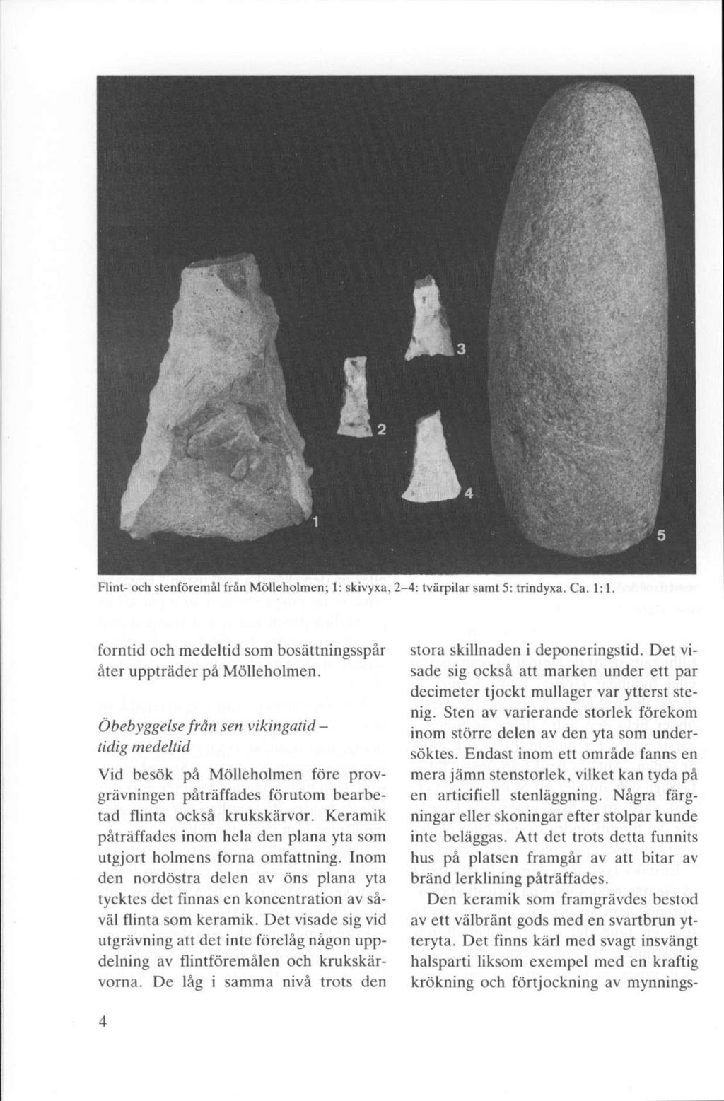 5 1 ri'r-v i k. ü & í.\ gu M ' : 1 Flint- och stenföremål från Mölleholmen; 1: skivyxa, 2-4: tvärpilar samt 5: trindyxa. Ca. 1:1.