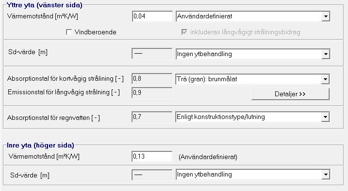 Figur 15 Fält för justering av ytövergångskoefficienter för både in- och utsida i WUFI Pro 5,0.