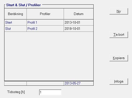 5.5.2 Inställningar Tid/Profil Här kan start- och slutdatum för beräkningen/beräkningarna ställas in efter önskemål. Även tidssteg ställs in här.