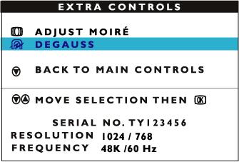 The OSD Controls 5) För att avmagnetisera skärmen, tryck på knappen. Skärmen kommer då att avmagnetiseras, och sedan kommer MAIN CONTROLS-fönstret att visas igen.