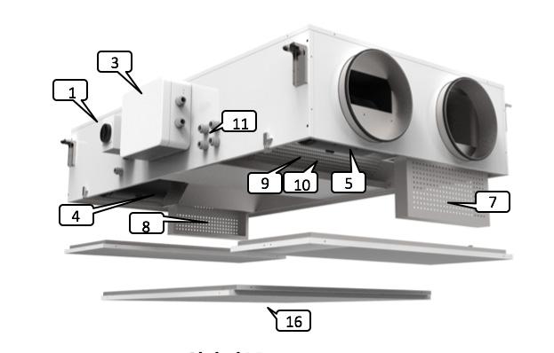 Frånluftsfläkt (BW eller FW) 6. Kit CA luftflödesmätning (tillval) 7. Filter klass F7 på uteluftssidan (pås- eller pleatfilter) 8. Filter klass M5 på frånluftssidan (F7 som tillval) 9.