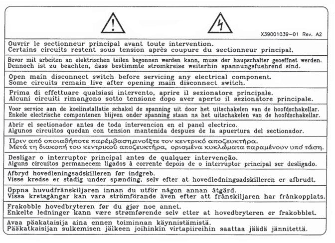 Elektrisk installation Allmänna rekommendationer VARNING Varningsetiketten i figur 6 finns på utrustningen och på elscheman. Dessa varningar måste ovillkorligen åtlydas.