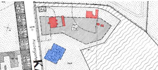 I stadsplanen från 1947 ser vi att det funnits ett hus på platsen invid kyrkogården som idag är rivet. Byggnaderna är markerade i rött ovan. Ungefärlig planområdesgräns markerad i svart prickad linje.