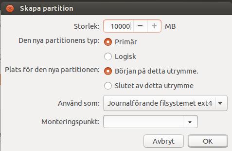 Välj Primär för den första som du vill kunna starta på. Välj nu filsystem. ext 4 är det senaste Linux-filsystemet. Detta är standard.