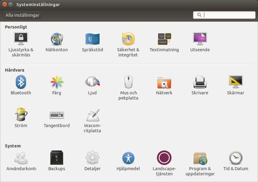 Funktioner under Systeminställningar Under menyn Systeminställningar finns de flesta funktionerna avseende systeminställningar och anpassning av utseendet i Ubuntu.