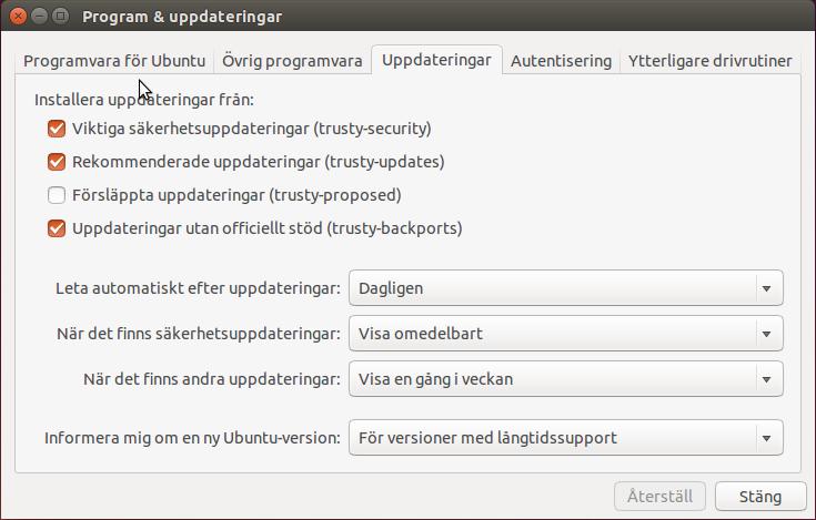 Uppdateringshanteraren söker som standard själv efter uppdateringar och meddelar när det finns nya att installera. Man kan även starta Uppdateringshanteraren manuellt via Programcentralen.