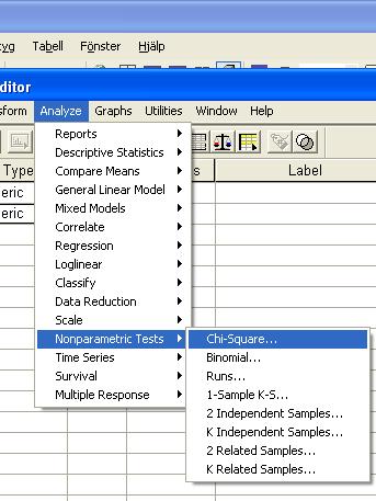 Om man har data i tabellform kan beräkningarna enkelt utföras t.ex. i Excel, men testningen kan även genomföras i SPSS. Man väljer då Analyze...Nonparametric Tests.