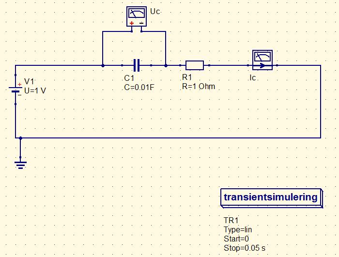 Qucs: Laboration kondensator I denna laboration skall vi undersöka hur en kondensator fungerar med likström, detta gör vi genom att titta på hur spänningen ser ut de första ögonblicken när vi slår på