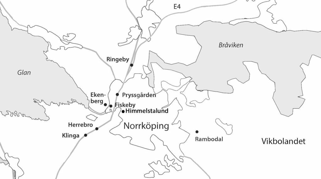 En gjutform av täljsten från den yngre bronsåldern 85 Fig. 1. Norrköpingstrakten med Rambodal och ett urval av de platser som nämns i texten. Förf:s bearbetning utifrån karta av Lars Östlin.