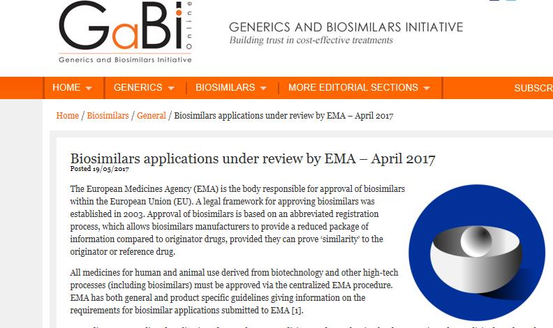 Biosimilar Product Review EMA ( Jan 2017 ) * Strong global interest in