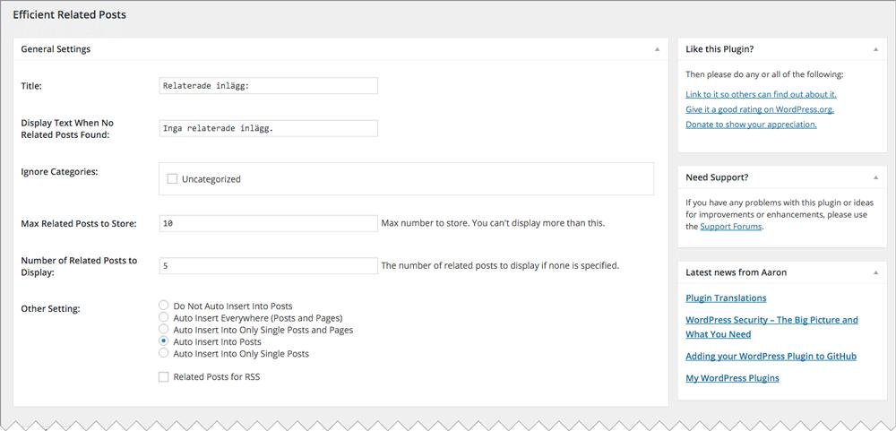 Inställningar/Settings. Genom att navigera dit kan du ändra standardinställningarna för tillägget och redigera relevant information. Tillägget Efficient Related Posts är förinställt på engelska.