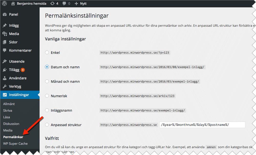 Permalänkar förtydligar både för Google och besökaren I vårt exempel ovan ser du att adressen till inlägget är: http://wordpress.minwordpress.