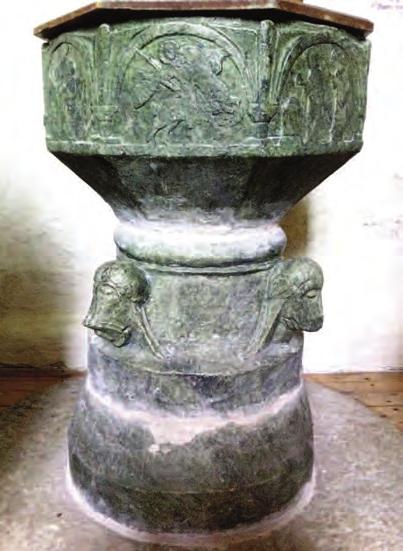 »Byzantios» stenmästarverkstad 251 Fig. 7. Dopfunt i Mästerby kyrka. Foto E. Lindkvist. Baptismal font in Mästerby Church, Gotland. förlorar sin plasticitet, ju mer den utvecklas.